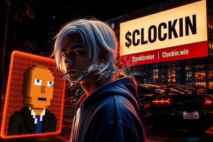 A stylized digital artwork featuring a character with white hair smoking, alongside a billboard advertising '$CLOCKIN' with 'Stonkbroker | Clockin.win', referencing a cryptocurrency token.