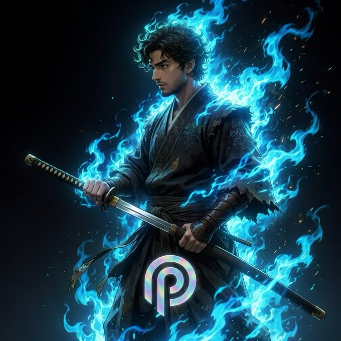 The image features a man dressed in traditional Japanese armor, holding a sword with his right hand while wearing a kimono that represents the Japanese style of clothing worn by samurais. The background is black, creating an atmosphere similar to the night setting seen in many Asian cultures. A blue fire element can be observed on either side of the swordsman, suggesting elements from folklore or mythology related to samurais and their weapons. There's also a logo present at the bottom left corner that seems to be connected with some sort of digital media platform or social network. The man appears to be an influencer in this context, possibly promoting some kind of product or service associated with the traditional Japanese armor depicted in his image.