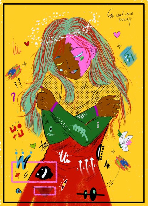 A vibrant digital illustration of a woman with flowing teal and pink hair hugging herself against a yellow background, covered in colorful doodles, hearts, and abstract shapes.