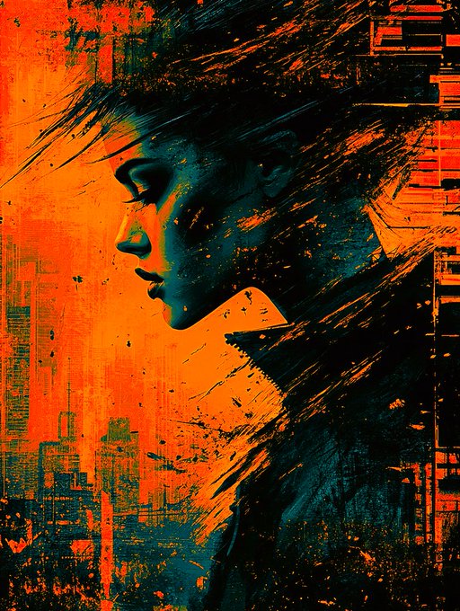 A stylized digital artwork showing a woman's profile in teal tones against a vibrant orange background, with brushstroke effects and faint cityscape silhouettes.