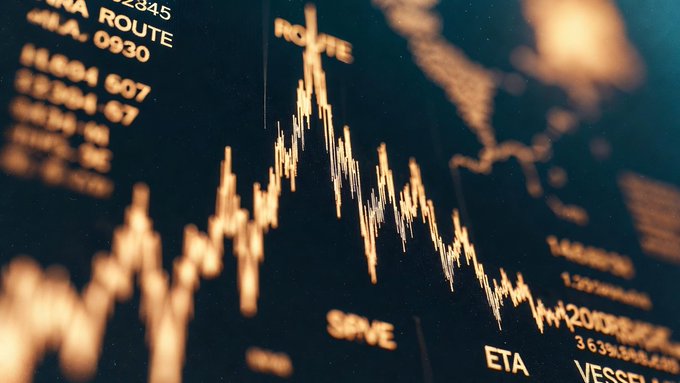 A glowing stock chart displays a volatile market trend with labels reading "ROUTE," "ETA," "VESSEL," and "SAVE," visually reinforcing the post's emphasis on @EthraShip, a project tied to the shipping industry—an essential but evolving sector in global trade.