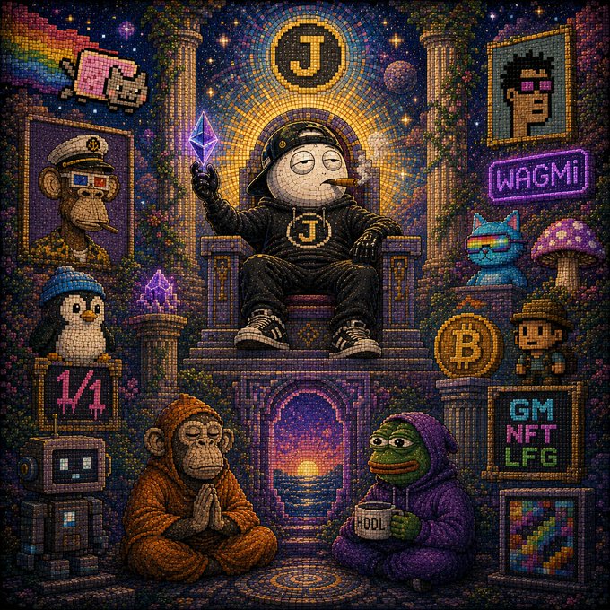 A vibrant mosaic-style digital artwork depicting crypto culture, featuring a central smoking figure on a throne holding a crystal, surrounded by a monkey, a Pepe frog holding a 'HODL' mug, Bored Apes, a Bitcoin, and text including 'WAGMI', 'GM', 'NFT', 'LFG', and '1/1'.