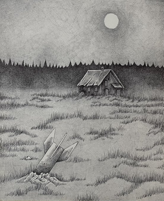 A black and white pencil-style illustration showing a rocket ship crashed in a grassy field, with a dilapidated house and a forest under a full moon in the background.