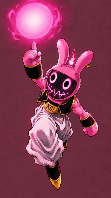 An anime-style illustration of a pink character with bunny ears, glowing pink eyes, and a stitched smile, pointing upward at a floating pink energy sphere.