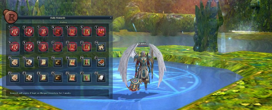 A screenshot from a video game showing a character with white angel wings standing on a blue magical circle in a green landscape, with a 'Daily Rewards' window open on the left displaying a 28-day calendar grid of collected and upcoming rewards.