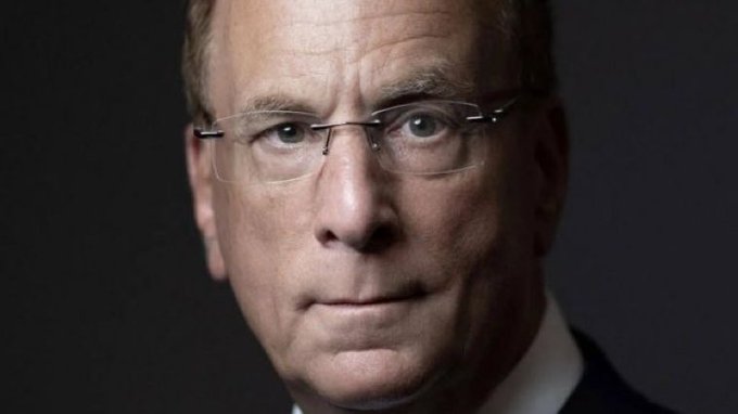 The image features a close-up portrait of a serious-looking older man with rimless glasses, likely a high-level executive, whose thoughtful expression complements the post about BlackRock's significant $80.82 million Bitcoin ETF purchase, suggesting the gravitas of this major financial move.