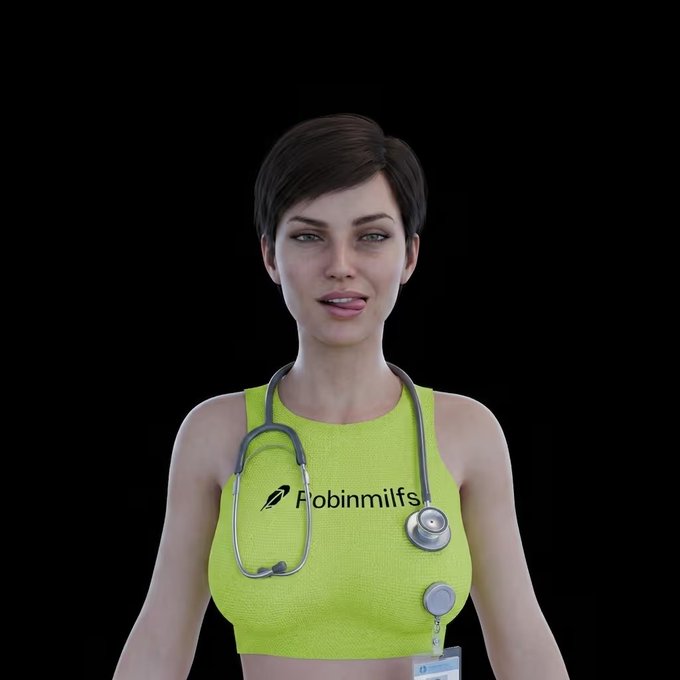 A 3D-rendered female character with short dark hair wearing a bright yellow crop top with 'A Robinmilfs' logo and a stethoscope around her neck, set against a black background.