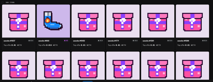 A grid of pixel-art character icons, mostly pink and purple avatars with usernames like 'wooks #1937', 'wooks #855', and others, all priced at '0.01' WETH.