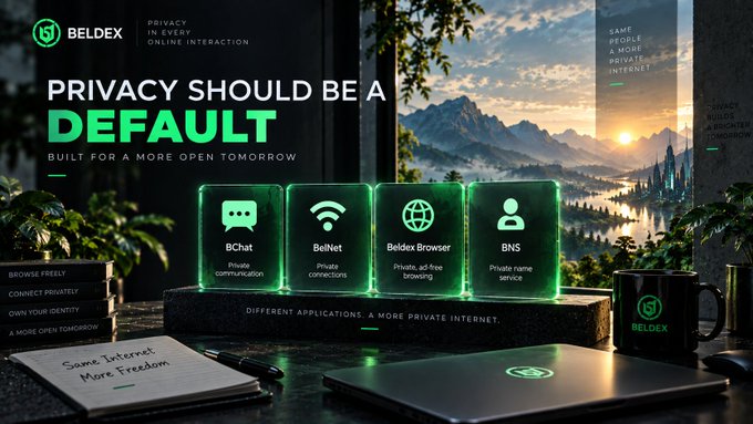 A promotional banner for Beldex featuring the tagline "PRIVACY SHOULD BE A DEFAULT" and "BUILT FOR A MORE OPEN TOMORROW," showcasing four privacy-focused applications: BChat, Belnet, Beldex Browser, and BNS, alongside a notebook reading "Same Internet More Freedom." The image visually reinforces the post's message by framing privacy as a fundamental design choice rather than an afterthought, aligning with Beldex's branding as a suite of privacy-by-default tools.