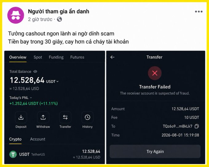 A Vietnamese-language social media post titled 'Người tham gia ẩn danh' describes a scam involving cashout issues, showing screenshots of a crypto wallet with a 'Transfer Failed' message due to suspected fraud.