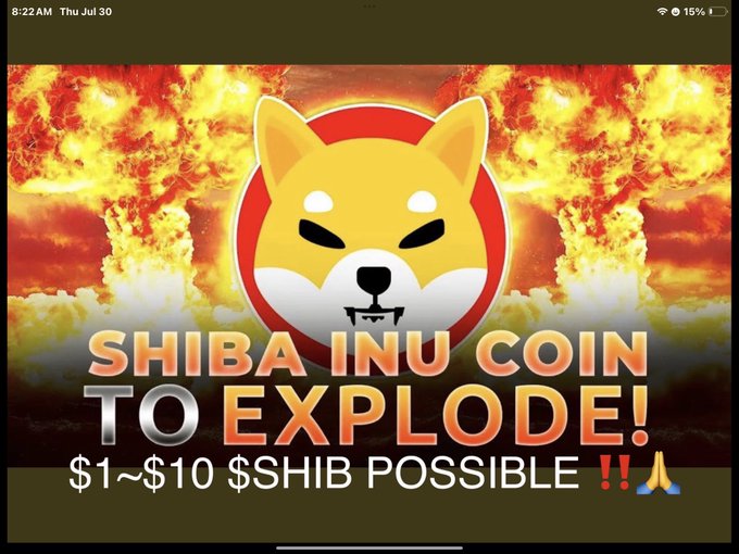 A promotional graphic featuring the Shiba Inu coin logo against a fiery explosion background, with text reading 'SHIBA INU COIN TO EXPLODE! $1~$10 $SHIB POSSIBLE'.