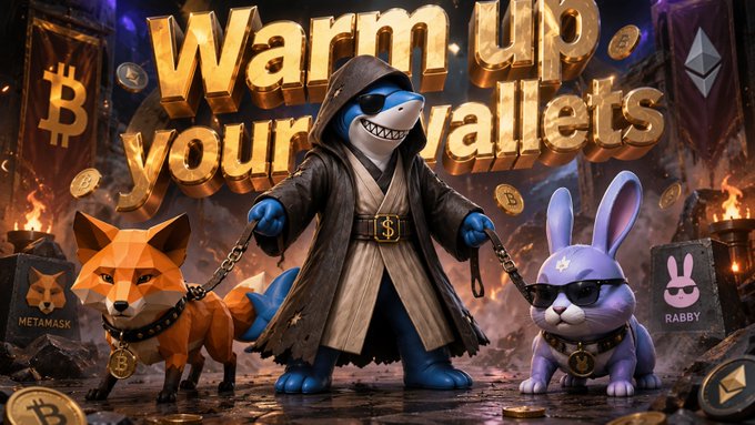 A fantasy-themed crypto illustration with the text 'Warm up your wallets' showing a hooded shark character flanked by a fox labeled 'METAMASK' and a bunny labeled 'RABBY', surrounded by Bitcoin and Ethereum symbols.