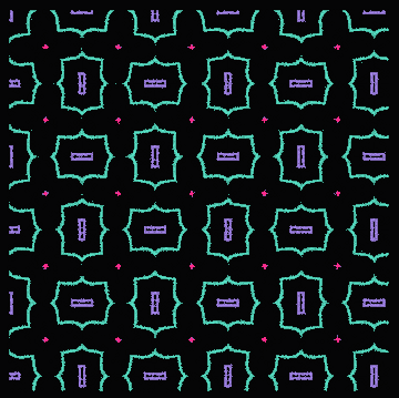 A pixel art pattern featuring repeating teal spiky frames with purple banner-like text and small pink hearts on a black background.