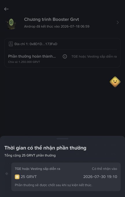A Vietnamese language mobile app screen for the 'Chương trình Booster Grvt' airdrop, showing a completed reward distribution of 1,250,000 GRVT.