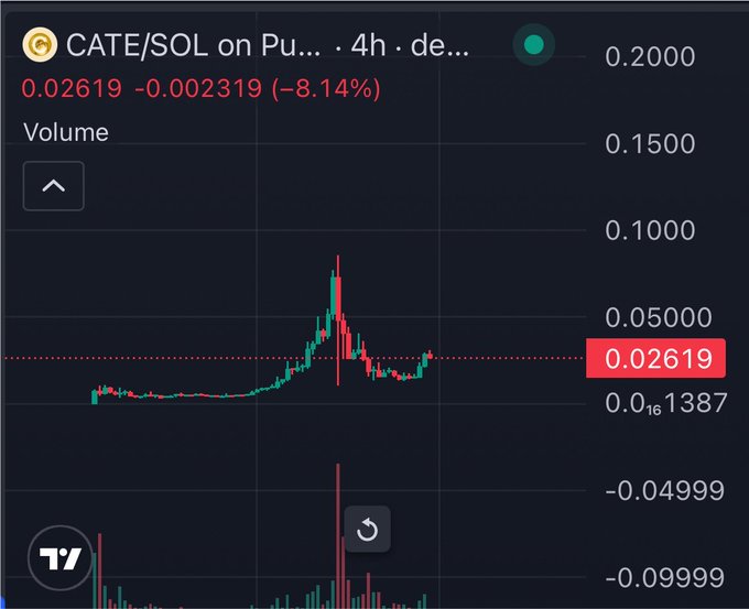A TradingView candlestick chart for CATE/SOL on a 4-hour timeframe shows the token at 0.02619 with a -8.14% decline (0.002319 loss), displaying a recent price spike near 0.08500 followed by a sharp pullback, supporting the poster's bullish claim of a potential ATH reclaim rally.