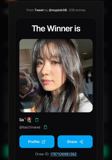A winner announcement card displays "The Winner is" above a photo of a woman identified as "lia 🌷" (@liarchivexe), with the original tweet credited to @mypick08 noting 235 entries. The image directly corresponds to the congratulatory post confirming @liarchivexe as the winner of Draw ID 1787106991362.
