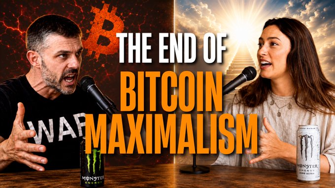 A podcast thumbnail titled 'THE END OF BITCOIN MAXIMALISM' features a man and woman speaking into microphones, with Bitcoin logos and Monster Energy cans visible.