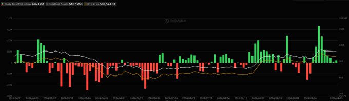 A financial bar chart displays daily Bitcoin and Ether ETF flows from May 20, 2024, to September 29, 2024, showing total net inflows of $66.19 million, total net assets of $107.96 billion, and a BTC price of $63,594.01. The chart features green and red bars representing daily fund movements, with white and orange trend lines tracking net assets over the period.