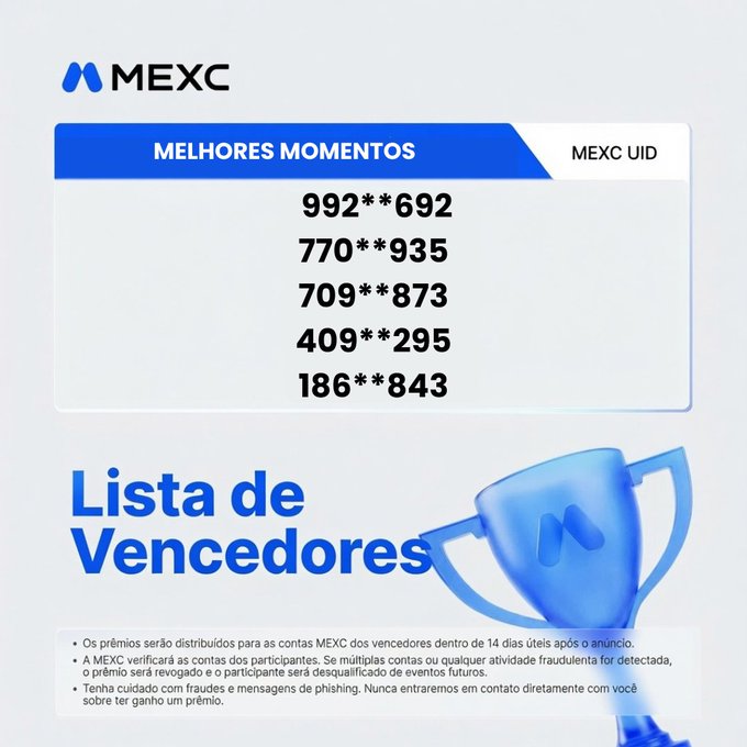 A MEXC exchange winners list graphic in Portuguese titled 'Lista de Vencedores' (List of Winners), showing 'Melhores Momentos' (Best Moments) with five partially masked MEXC UIDs (992**692, 770**935, 709**873, 409**295, 186**843) and a blue trophy icon.
