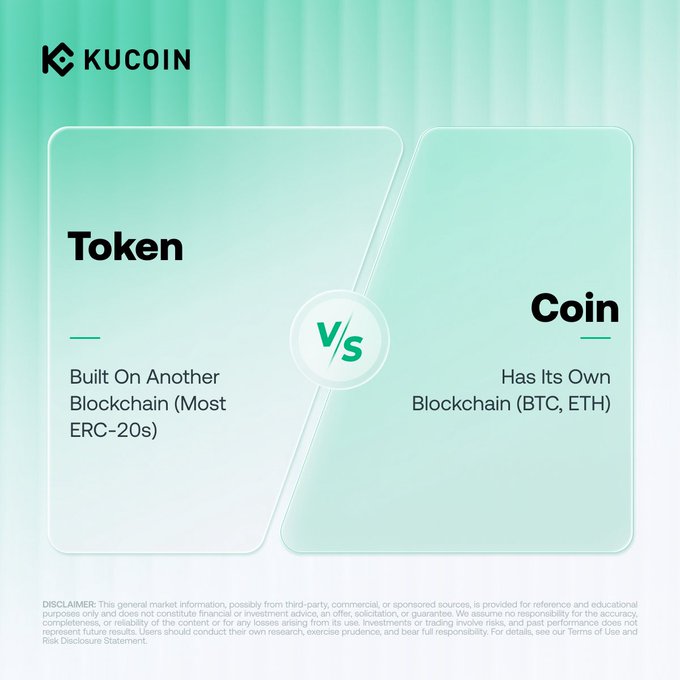A KuCoin "Crypto101" infographic comparing coins and tokens, highlighting that coins have their own blockchain (BTC, ETH) while tokens are built on another blockchain (most ERC-20s).