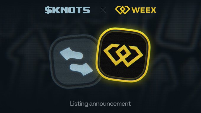 A promotional graphic announcing the "$KNOTS" token listing on the WEEX exchange, featuring the "$KNOTS" and "WEEX" logos side-by-side at the top with "Listing announcement" text displayed at the bottom against a dark, pixelated background.