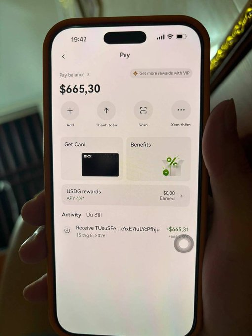 A smartphone screen displaying a digital wallet payment app in Vietnamese with a balance of $665.30, showing a recent transaction receiving +$665.31 from a TUsuSFe address on August 15, 2026.