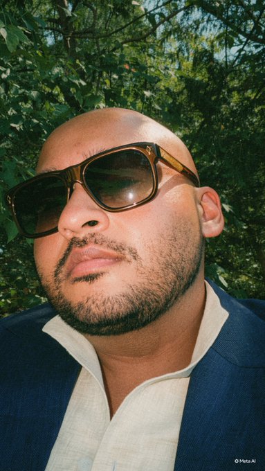 A bald man with a beard wearing large sunglasses and a blue blazer poses confidently in front of green foliage, with a "Meta AI" watermark in the corner. The image pairs with the post's bold prediction of an imminent, sharp Bitcoin correction, visually reinforcing the confident, "watch and see" attitude of the analyst's forecast.