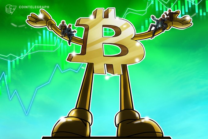 Cointelegraph illustration of an anthropomorphized golden Bitcoin character with outstretched arms, set against a green background with upward-trending chart lines.