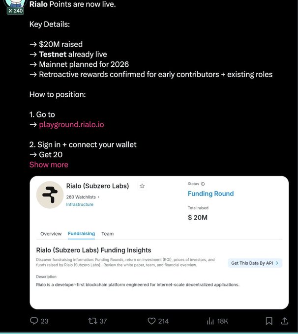 A social media post announces 'Rialo Points are now live,' noting '$20M raised' and linking to 'playground.rialo.io' for a funding round by Rialo (Subzero Labs).