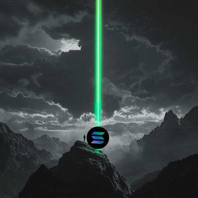 A dramatic black-and-white landscape showing a lone person standing on a mountain peak beneath stormy skies, with a bright green laser beam shooting upward and a circular Solana (SOL) logo positioned in the center.