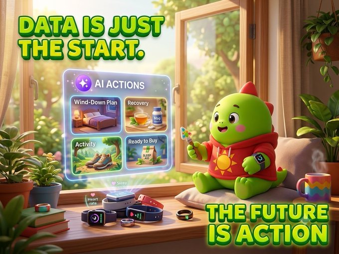 A promotional graphic features a cute green dragon mascot sitting by a window, surrounded by smartwatches. The text reads 'DATA IS JUST THE START.', 'AI ACTIONS', and 'THE FUTURE IS ACTION', highlighting features like 'Wind-Down Plan', 'Recovery', 'Activity', and 'Ready to Buy'.