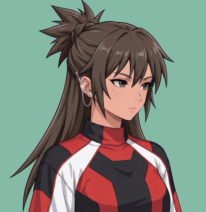 An anime-style illustration of a young woman with brown hair styled in a spiky ponytail, wearing a red, black, and white athletic top against a solid green background.