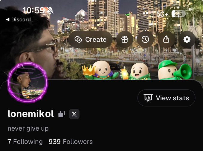 A social media profile screen shows user 'lonemikol' with the bio 'never give up', 7 Following, 939 Followers, and buttons for Create, gift, history, share, and settings.