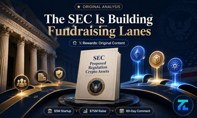 A promotional graphic titled "The SEC Is Building Fundraising Lanes" with "ORIGINAL ANALYSIS" and "X Rewards: Original Content" tags, featuring an "SEC Proposed Regulation Crypto Assets" book, the SEC building, and various crypto icons; notes $5M Startup, $75M Raise, and 60-Day Comment.