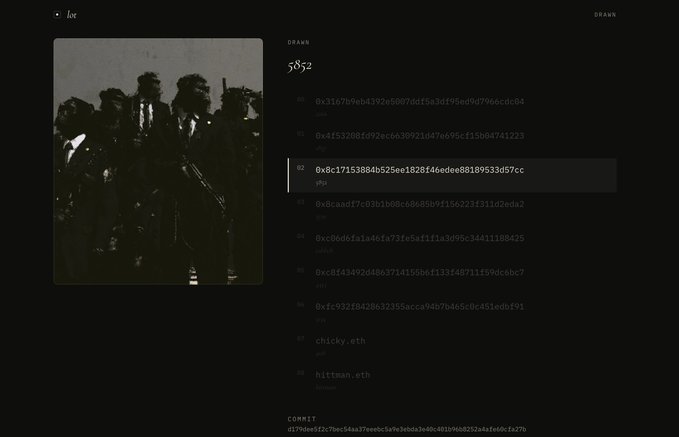 A dark-themed website displaying an NFT or token page titled 'lor DRAWN 5852' with a group image, transaction hashes, and names like 'chicky.eth' and 'hittman.eth'.