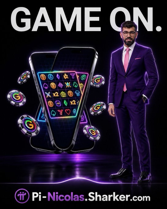 A promotional poster featuring "GAME ON." in bold text at the top, with a man in a purple suit standing beside two smartphones displaying colorful gaming icons, surrounded by floating "G" coins. The branding "Pi-Nicolas.Sharker.com" appears at the bottom, aligning with the post's promotion of G Coin as a Web3 gaming currency.