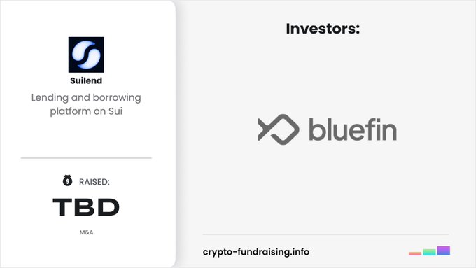 The image shows a crypto-fundraising.info announcement card for Suilend, a lending and borrowing platform on Sui, which has been acquired by Bluefin. The card displays the Suilend logo, its category (M&A), a "TBD" raised amount, and Bluefin listed as the investor.