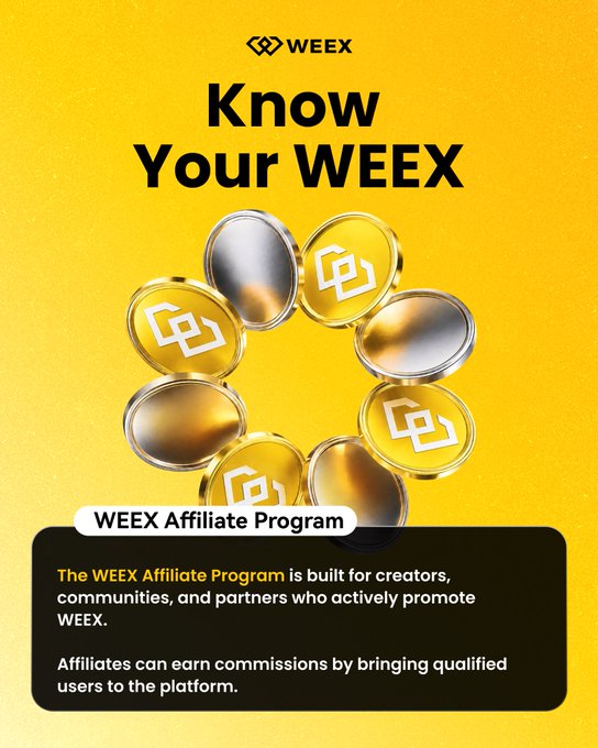A promotional graphic for the 'WEEX Affiliate Program' titled 'Know Your WEE,' featuring golden WEE-branded coins on a yellow background.