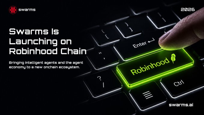 Promotional graphic announcing 'Swarms Is Launching on Robinhood Chain' with text 'Bringing intelligent agents and the agent economy to a new onchain ecosystem,' featuring a finger pressing a glowing green Robinhood key on a keyboard and the swarms.ai logo.