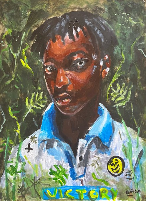 A vibrant expressionistic oil painting portrait of a Black man against a green leafy background, wearing a white shirt with a blue collar and a yellow smiley-face badge, with the word 'VICTORY' painted at the bottom.