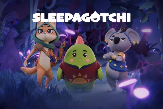The image features three cartoon characters standing together against a dark background with purple lights. The characters are dressed in costumes that include a fox's headband, a green shirt, and a blue dress. The text "SLEEPAGOTCHI" is written above them, indicating they are part of the game or project Sleepagotchi.