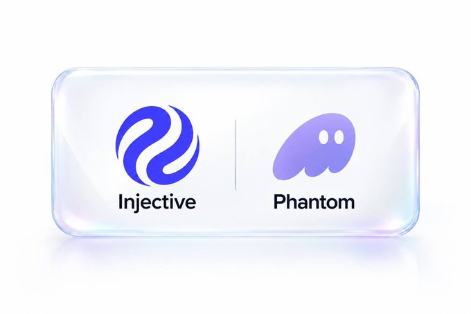 A glossy 3D rectangular badge displaying two cryptocurrency logos side by side: the blue "Injective" symbol on the left and the purple "Phantom" ghost logo on the right.