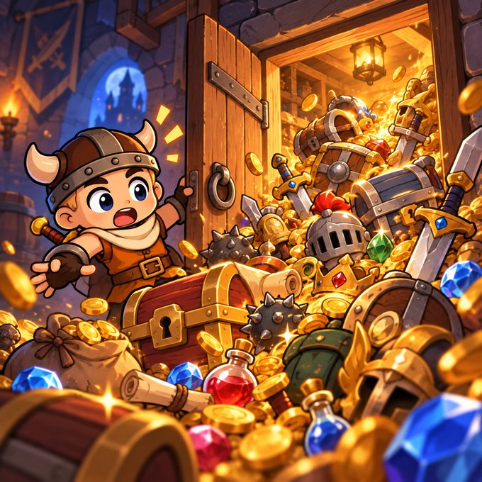An animated illustration of a young, excited barbarian wearing a horned helmet, opening a large wooden door to reveal a massive treasure hoard filled with gold coins, gems, swords, shields, chests, and potions.