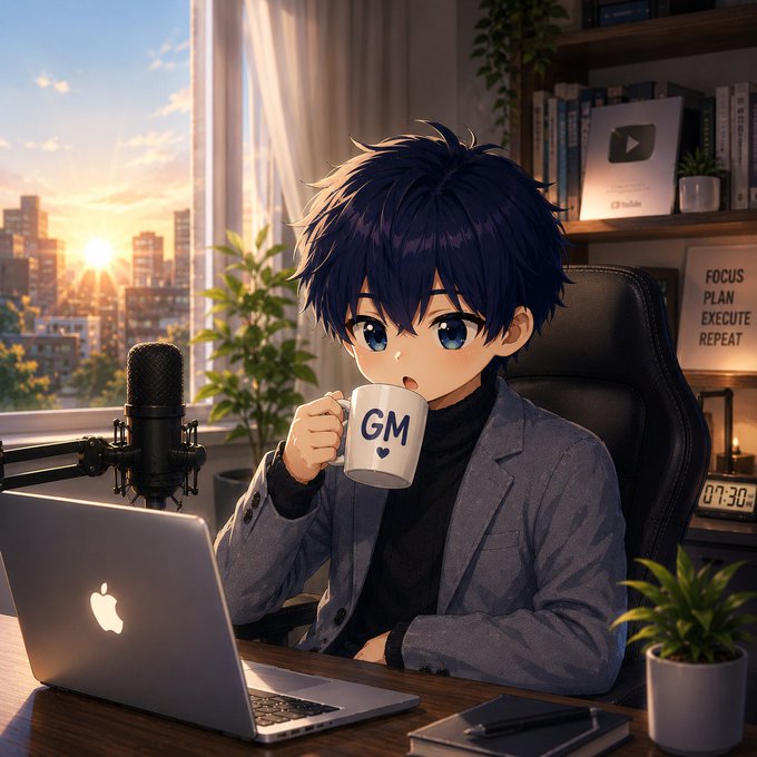 An anime-style illustration of a young man with dark blue hair sipping from a 'GM' mug while working at an Apple laptop, with a YouTube play button and 'FOCUS PLAN EXECUTE REPEAT' sign visible in his room.