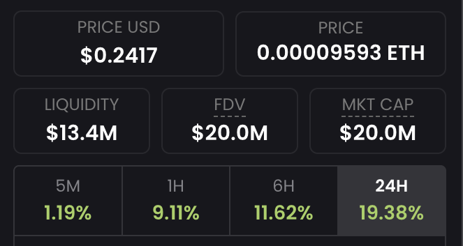 A cryptocurrency price tracker dashboard showing PRICE USD $0.2417, PRICE 0.00009593 ETH, LIQUIDITY $13.4M, FDV $20.0M, MKT CAP $20.0M, with green percentage gains of 1.19% (5M), 9.11% (1H), 11.62% (6H), and 19.38% (24H).