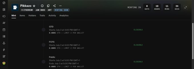 A dark-themed screenshot from a Pikkazo NFT minting page on Ethereum, showing Pikkazo #111 with minting in 19 days, 11 hours, 24 minutes, and listing phases for GTO, FCFS, and Public sales, each marked as eligible.