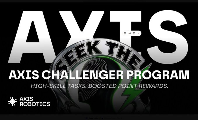 A promotional graphic with large silver 'AXIS' text, 'SEEK THE' overlaid on a green and silver emblem, and white text reading 'AXIS CHALLENGER PROGRAM' and 'HIGH-SKILL TASKS. BOOSTED POINT REWARDS.', along with the 'AXIS ROBOTICS' logo.
