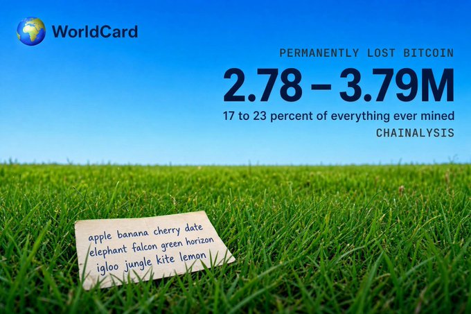 A "WorldCard" branded image showing a piece of paper with a seed phrase list (apple, banana, cherry, date, etc.) lying in grass, alongside the text "PERMANENTLY LOST BITCOIN 2.78 - 3.79M 17 to 23 percent of everything ever mined" attributed to "CHAINALYSIS".