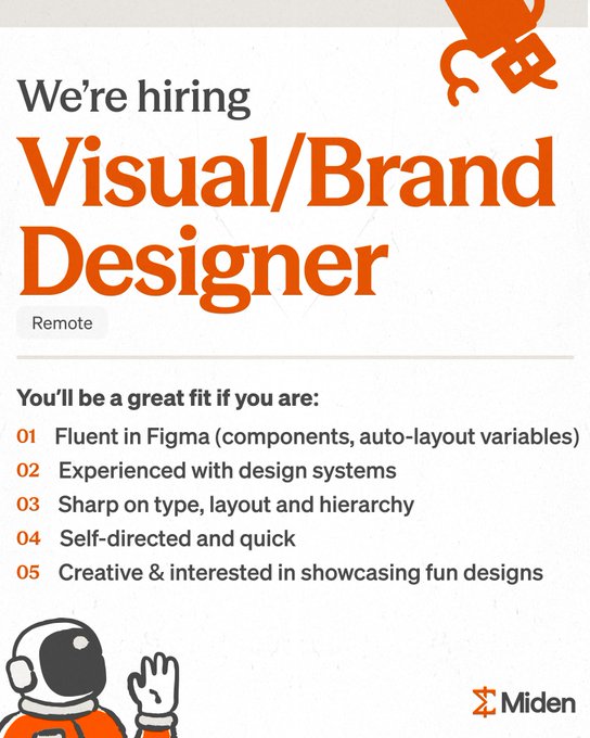 Job posting graphic for a 'Visual/Brand Designer' position at Miden (Remote), listing requirements including Figma fluency, design systems experience, and strong typography skills.