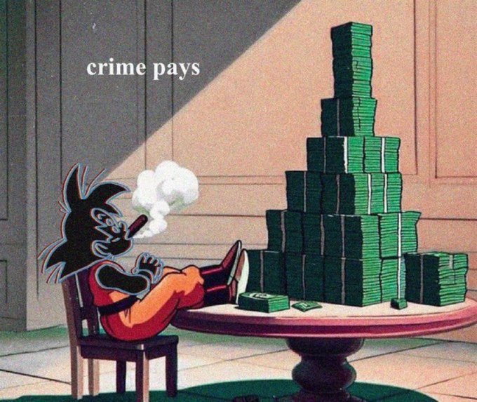 A cartoon image showing a wolf-like character in a red shirt smoking a cigar next to a tall stack of money, with the text 'crime pays' overlaid.